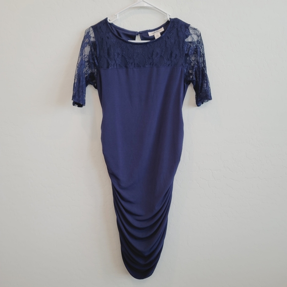 💕Motherhood Maternity Navy Blue Dress with Lace Sleeves Women's Size Small Mat. - Picture 13 of 14